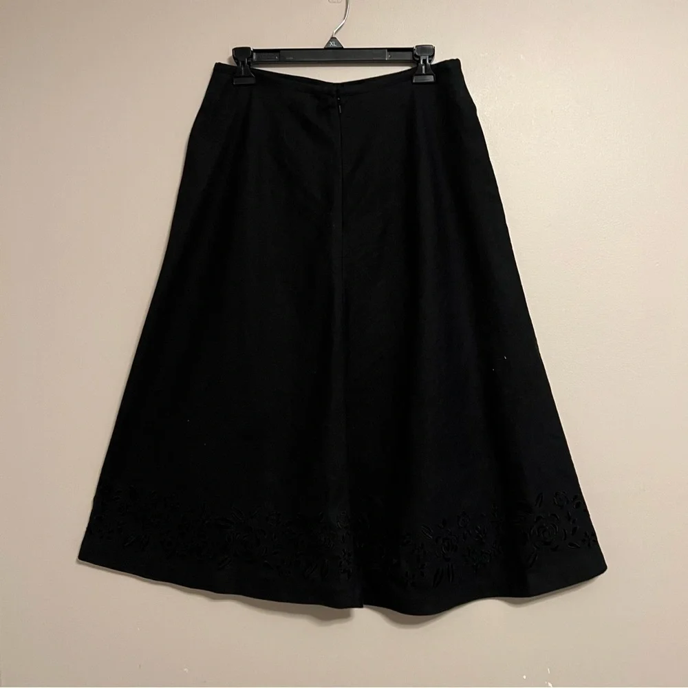 Vintage Talbots Skirt sz 10 Petite Black Linen Floral Cutouts Eyelet A Line Midi